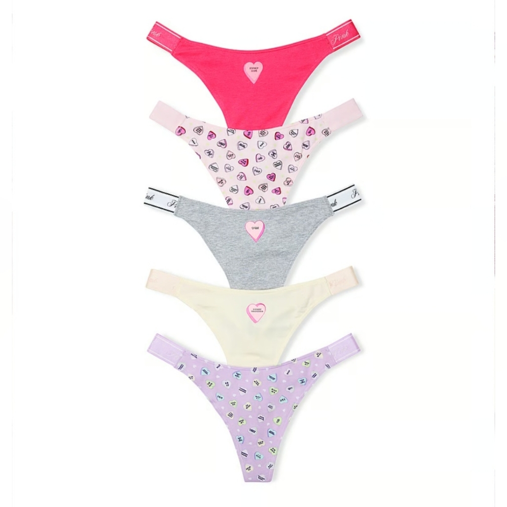 PINK Victoria's Secret Logo High Leg Thong Panty 5 Pack.